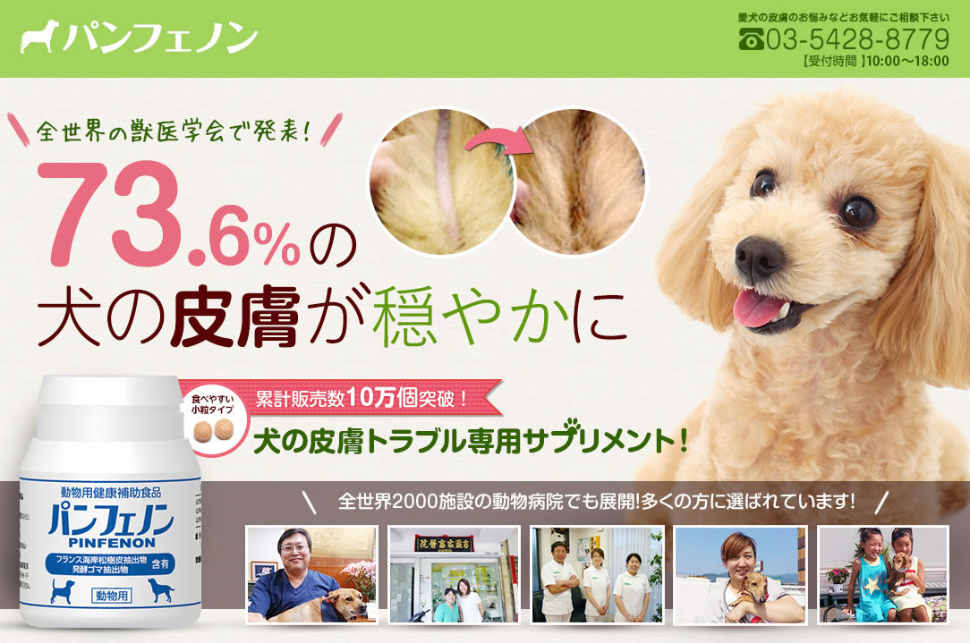 パンフェノン 全世界の獣医学会で発表！73.6％の犬の皮膚が健やかに 累計販売数10万個突破！犬の皮膚トラブル専用サプリメント！