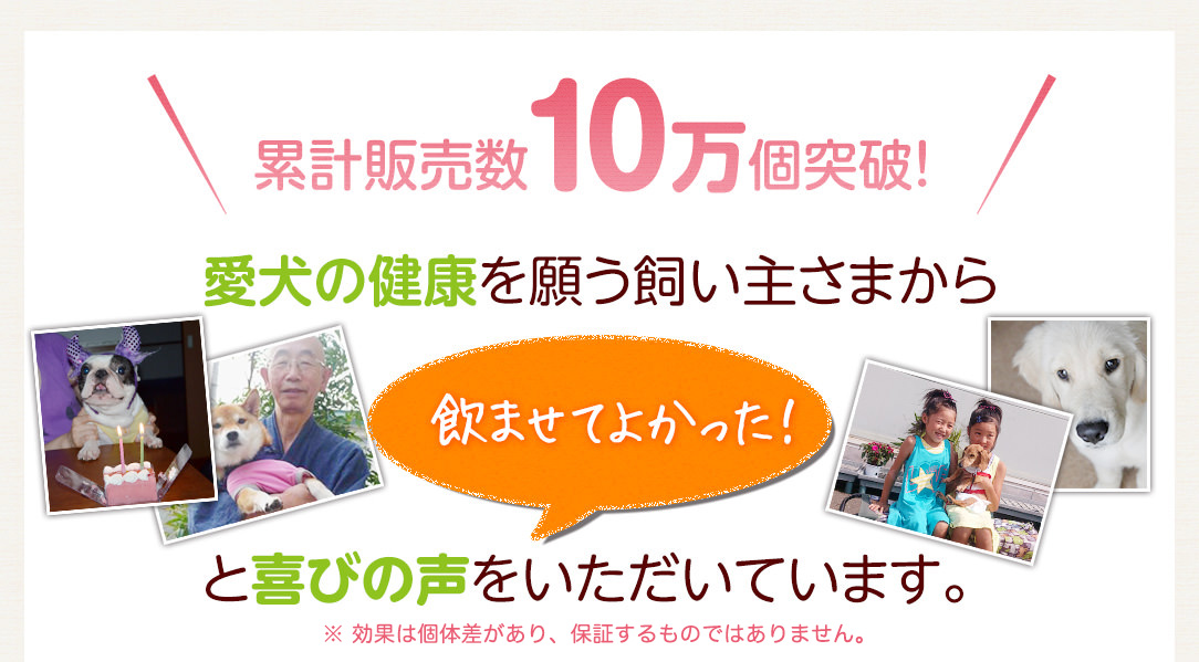 累計販売数10万個突破！愛犬の健康を願う飼い主さまから飲ませてよかった！と喜びの声をいただいています。