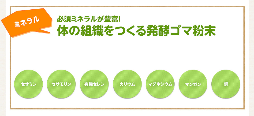 ミネラル 必須ミネラルが豊富！体の組織をつくる発酵ゴマ粉末